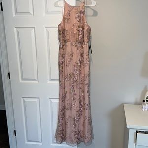 Adrianna Papell Floral Embroidered Long Blouson Halter Gown In Pale Blush